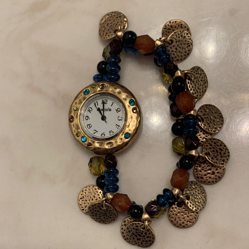 Chico’s Beaded Watch with Gold and Blue Accents